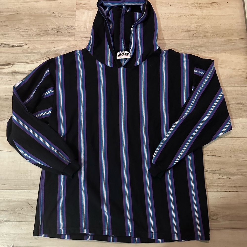 Men's black, purple and white striped vintage Lightning Bolt brand hoodie